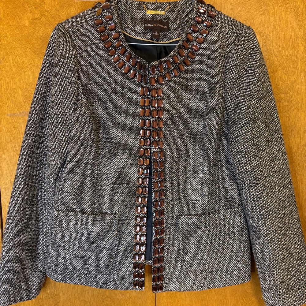 Dana Buchman Gray Tweed Blazer with Brown Jewel Embellishments-Flaw‎